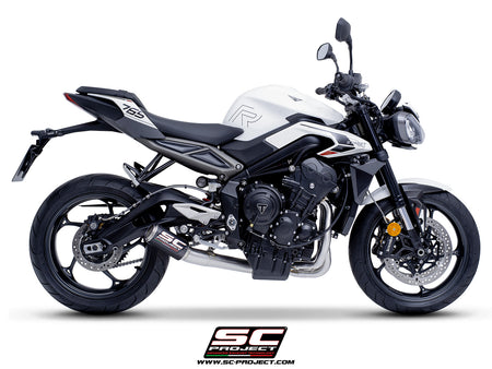 Triumph Street Triple 765 R - RS with SC-Project 3-1 Stainless steel full exhaust system, with CR-T carbon exhaust with stoneguard grid, 3/4 rear view