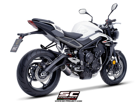 Triumph Street Triple 765 R - RS with SC-Project 3-1 Stainless steel full exhaust system, with CR-T carbon exhaust with stoneguard grid, 3/4 rear view