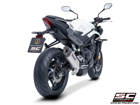 Triumph Street Triple 765 R - RS with SC-Project 3-1 Stainless steel full exhaust system, with SC1-S titanium exhaust, 3/4 rear view