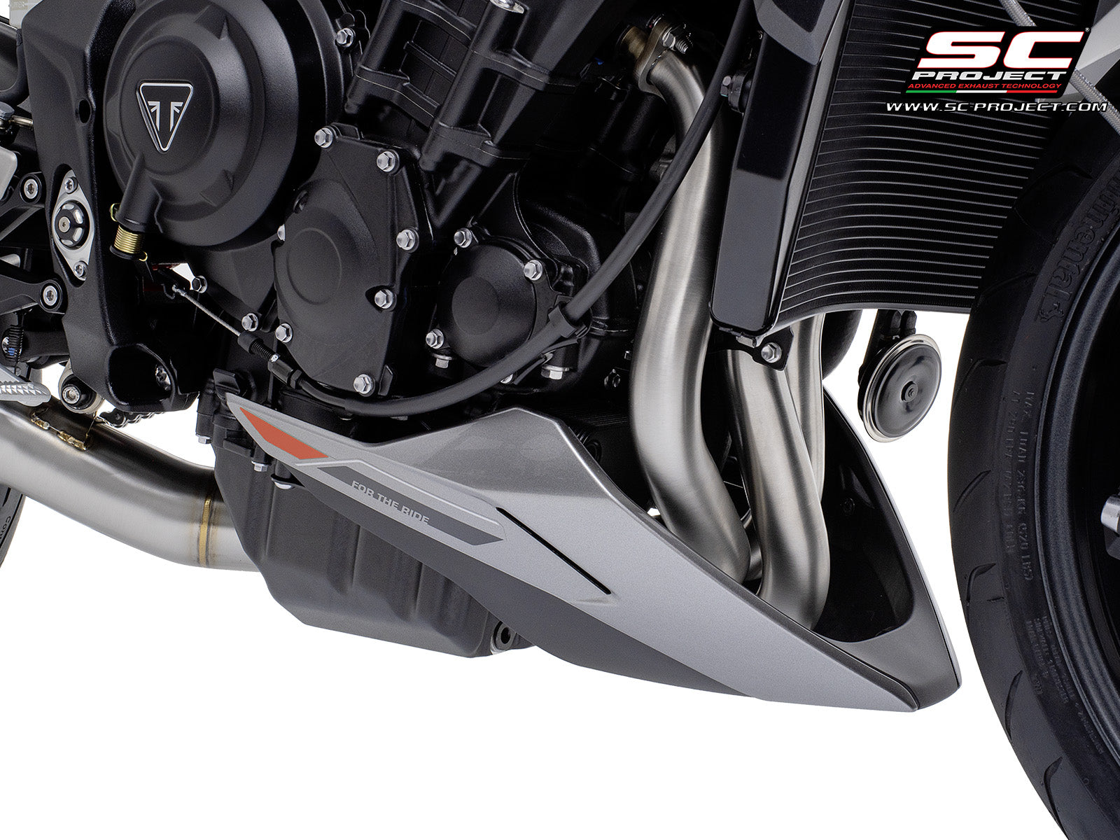Triumph Street Triple 765 R - RS with SC-Project 3-1 Stainless steel full exhaust system, with SC1-S titanium exhaust, 3/4 rear view