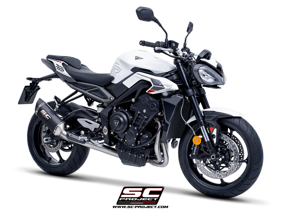 Triumph Street Triple 765 R - RS with SC-Project 3-1 Stainless steel full exhaust system, with SC1-S carbon exhaust, 3/4 rear view