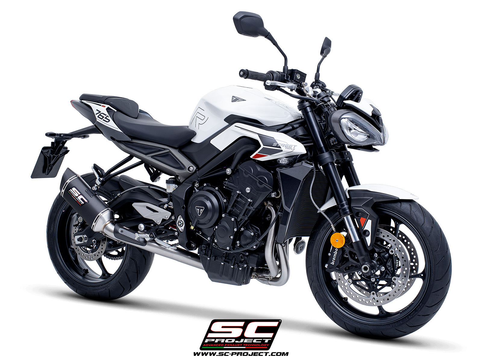 Triumph Street Triple 765 R - RS with SC-Project 3-1 Stainless steel full exhaust system, with SC1-S carbon exhaust, 3/4 rear view