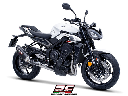 Triumph Street Triple 765 R - RS with SC-Project 3-1 Stainless steel full exhaust system, with SC1-S carbon exhaust, 3/4 rear view