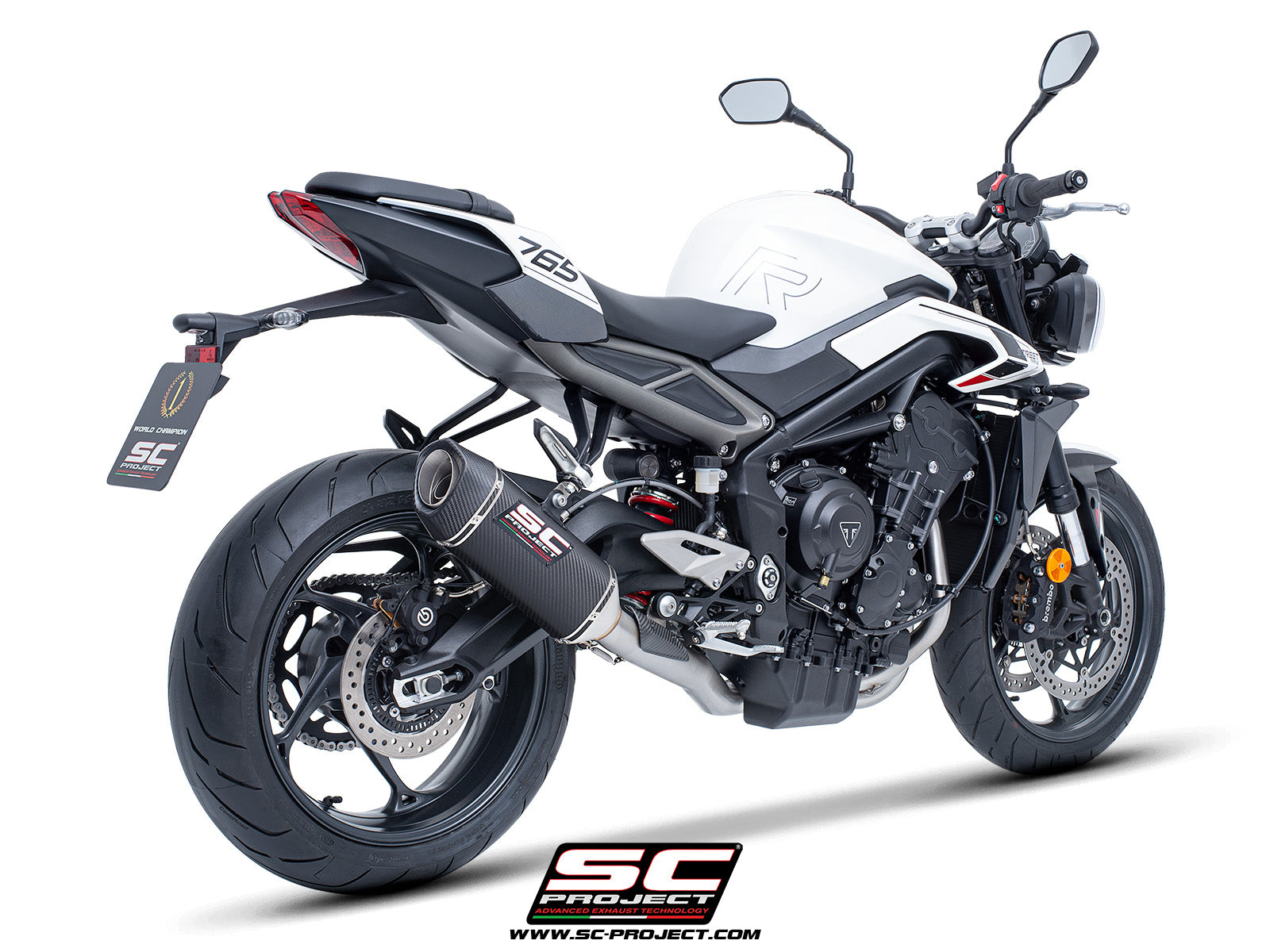 Triumph Street Triple 765 R - RS with SC-Project 3-1 Stainless steel full exhaust system, with SC1-S carbon exhaust, 3/4 rear view