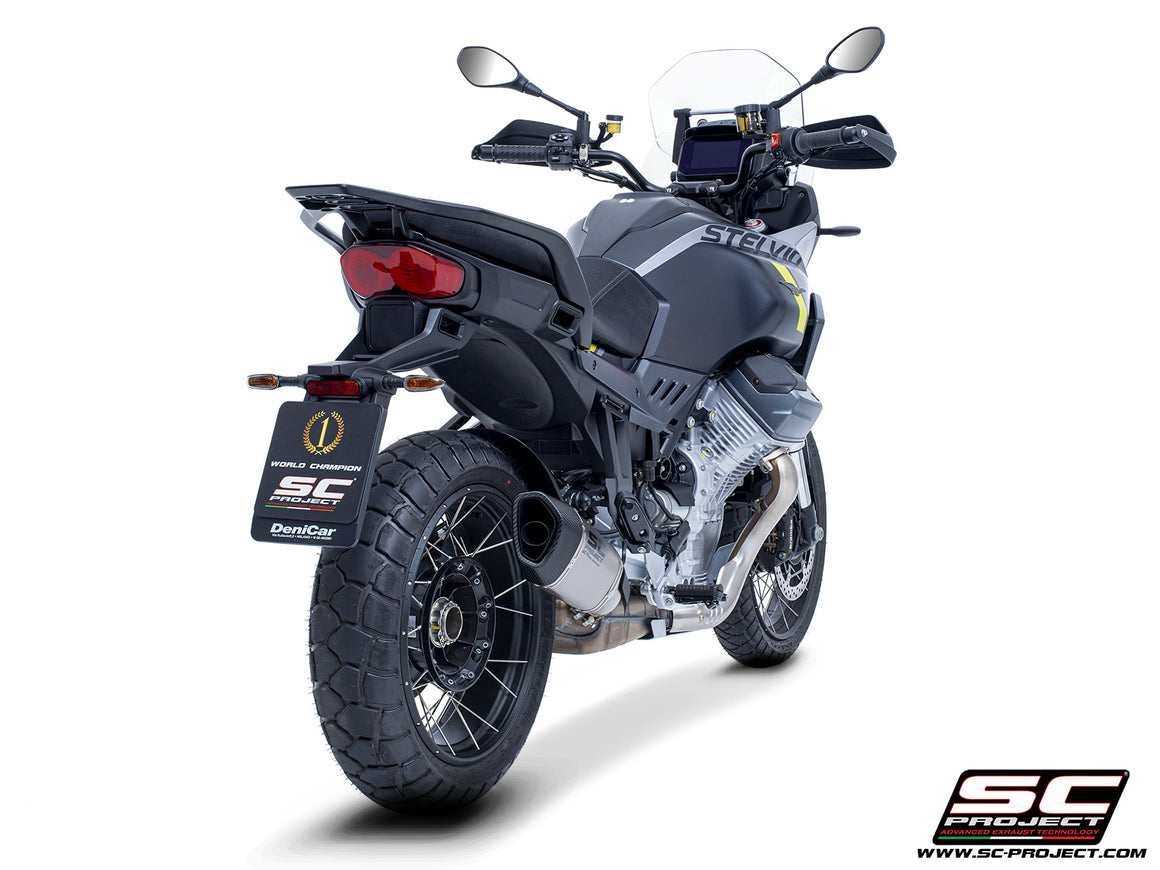 Moto Guzzi Stelvio with SC-Project SC1-R titanium exhaust, 3/4 rear view