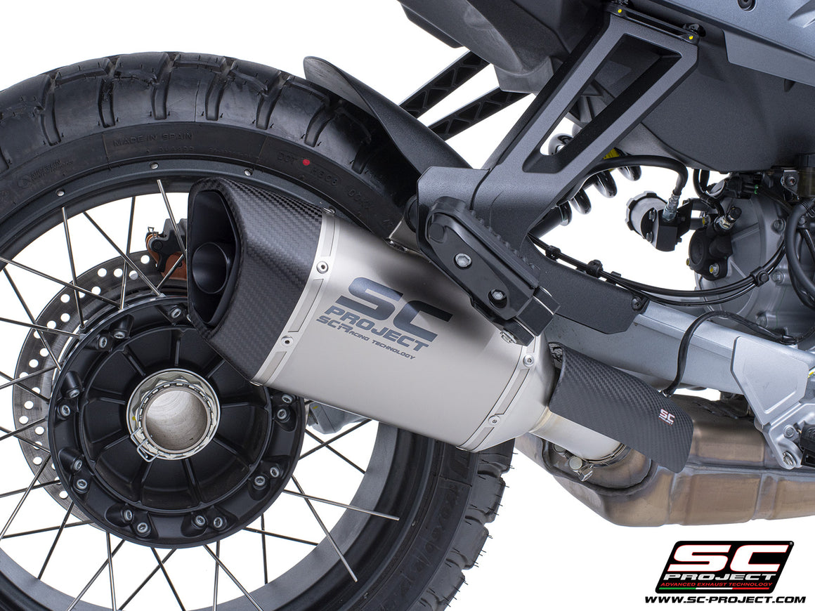 Moto Guzzi Stelvio with SC-Project SC1-R titanium exhaust, 3/4 rear view