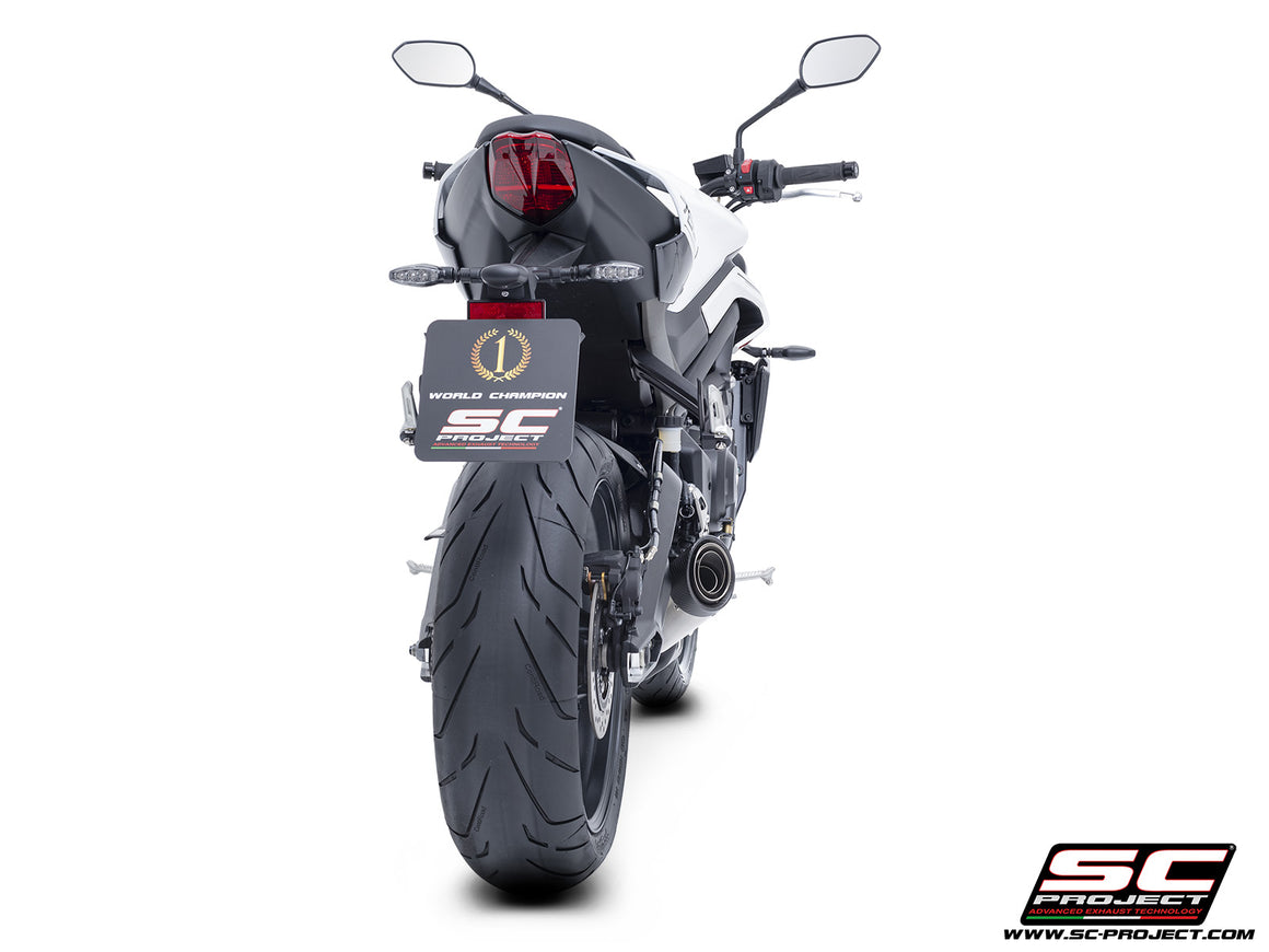 Triumph Street Triple 765 R - RS with SC-Project S1 stainless steel exhaust, 3/4 rear view