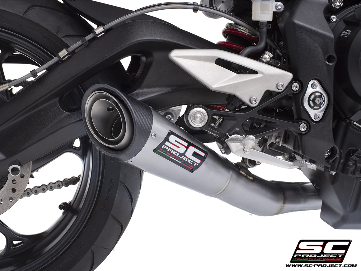 Triumph Street Triple 765 R - RS with SC-Project S1 stainless steel exhaust, 3/4 rear view