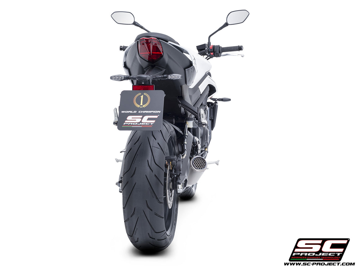 Triumph Street Triple 765 R - RS with SC-Project 3-1 Stainless steel full exhaust system, with CR-T titanium exhaust with stoneguard grid, 3/4 rear view