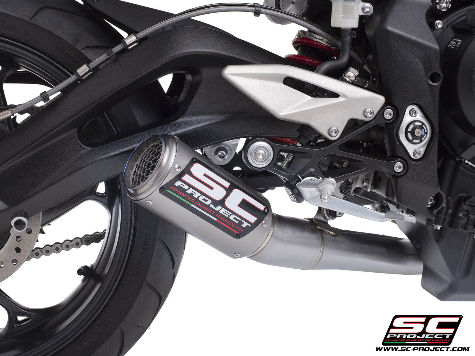 Triumph Street Triple 765 R - RS with SC-Project 3-1 Stainless steel full exhaust system, with CR-T titanium exhaust with stoneguard grid, 3/4 rear view