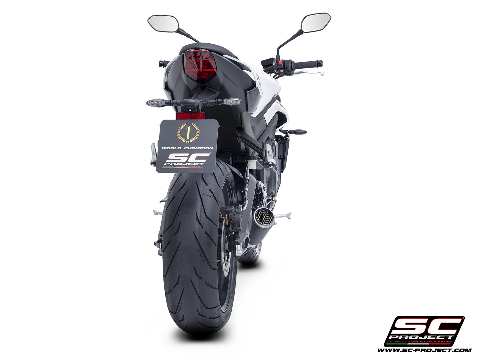 Triumph Street Triple 765 R - RS with SC-Project 3-1 Stainless steel full exhaust system, with CR-T carbon exhaust with stoneguard grid, 3/4 rear view