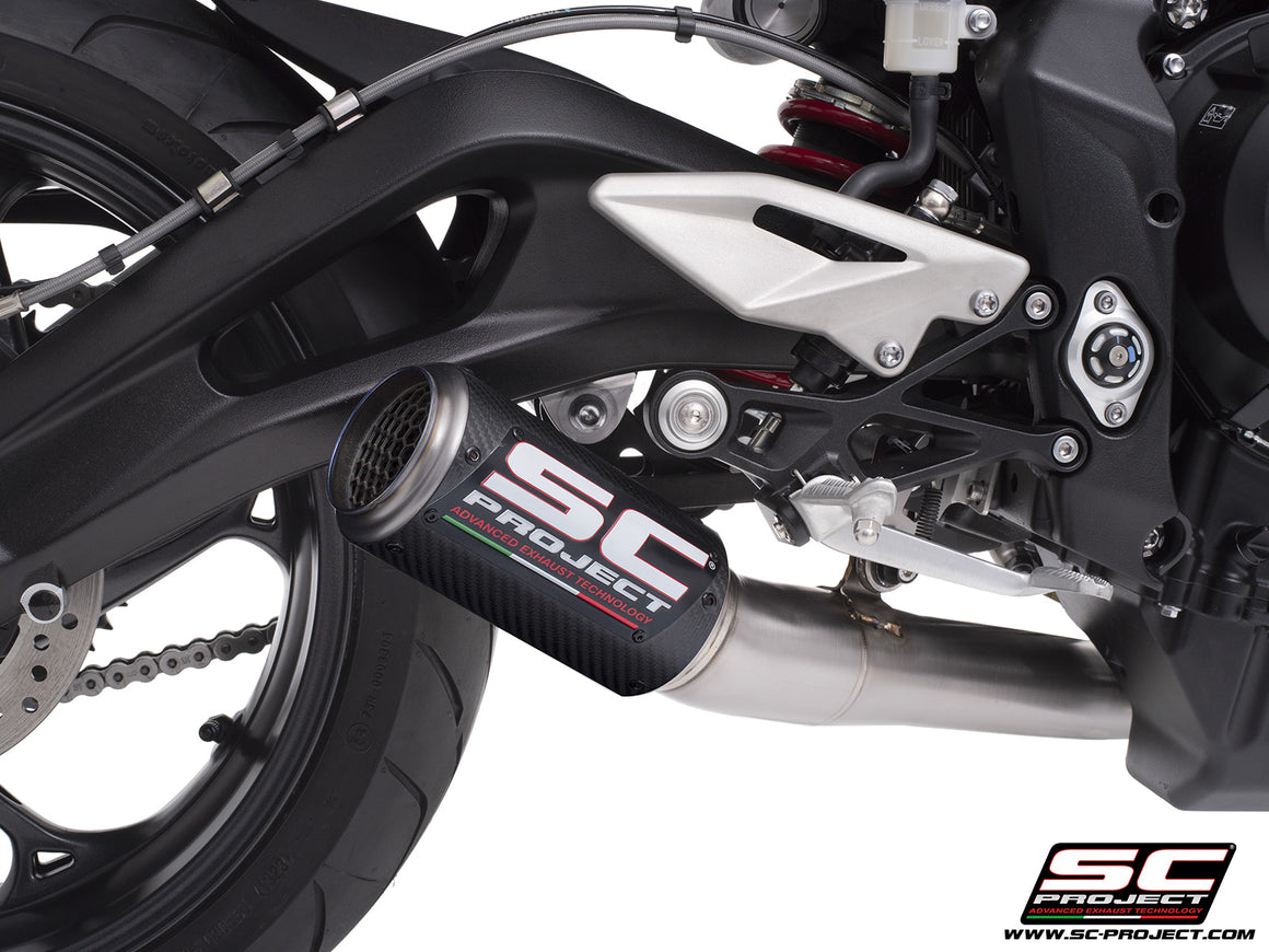 Triumph Street Triple 765 R - RS with SC-Project 3-1 Stainless steel full exhaust system, with CR-T carbon exhaust with stoneguard grid, 3/4 rear view