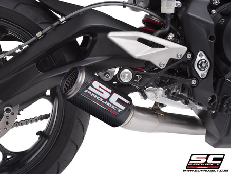 Triumph Street Triple 765 R - RS with SC-Project 3-1 Stainless steel full exhaust system, with CR-T carbon exhaust with stoneguard grid, 3/4 rear view