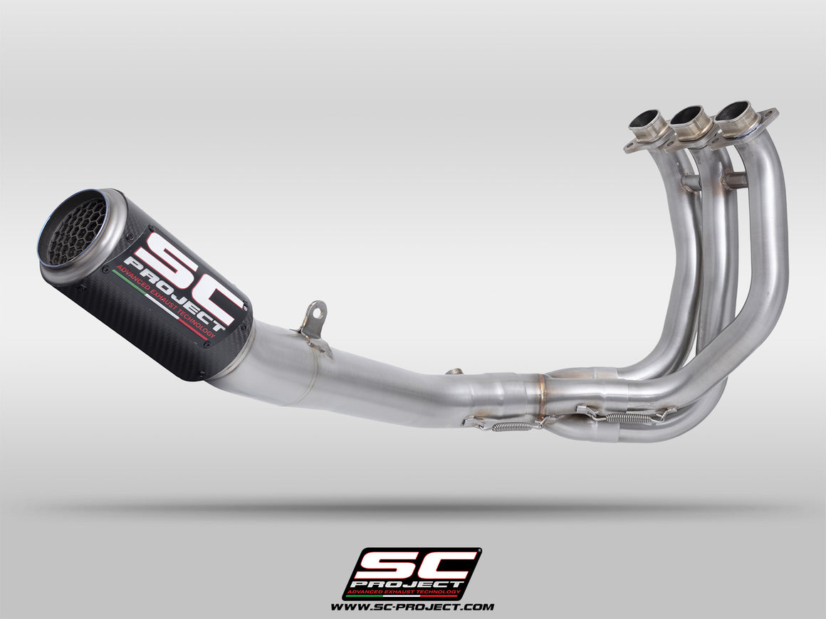 Triumph Street Triple 765 R - RS with SC-Project 3-1 Stainless steel full exhaust system, with CR-T carbon exhaust with stoneguard grid, 3/4 rear view