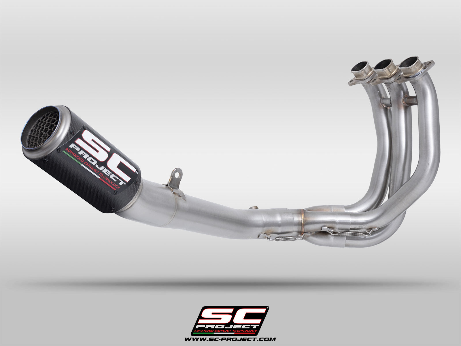 Triumph Street Triple 765 R - RS with SC-Project 3-1 Stainless steel full exhaust system, with CR-T carbon exhaust with stoneguard grid, 3/4 rear view