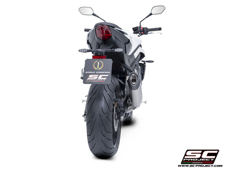 Triumph Street Triple 765 R - RS with SC-Project 3-1 Stainless steel full exhaust system, with SC1-S titanium exhaust, 3/4 rear view