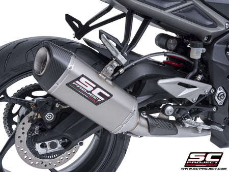 Triumph Street Triple 765 R - RS with SC-Project 3-1 Stainless steel full exhaust system, with SC1-S titanium exhaust, 3/4 rear view