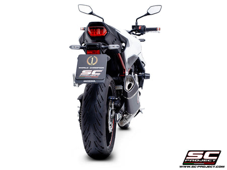 Honda CB750 Hornet with SC-Project SC1-R carbon exhaust, 3/4 rear view