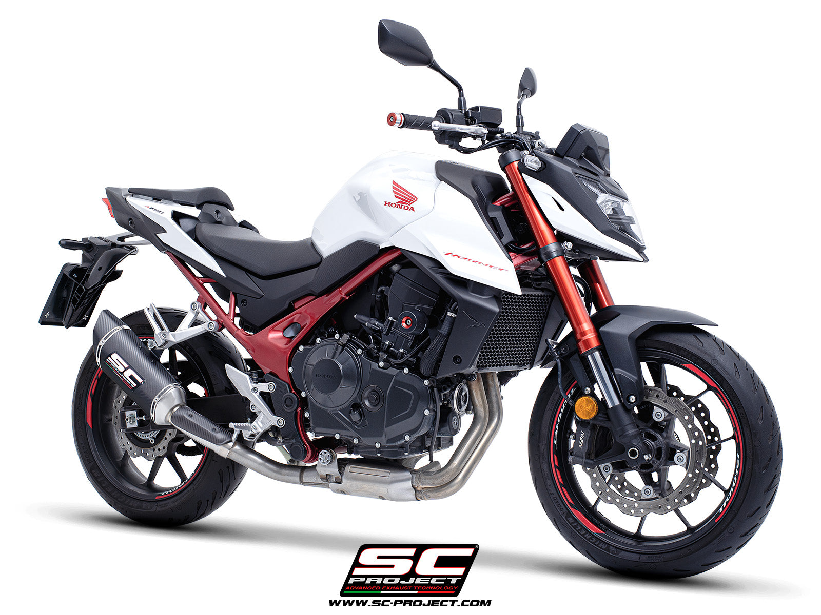 Honda CB750 Hornet with SC-Project SC1-R carbon exhaust, 3/4 rear view