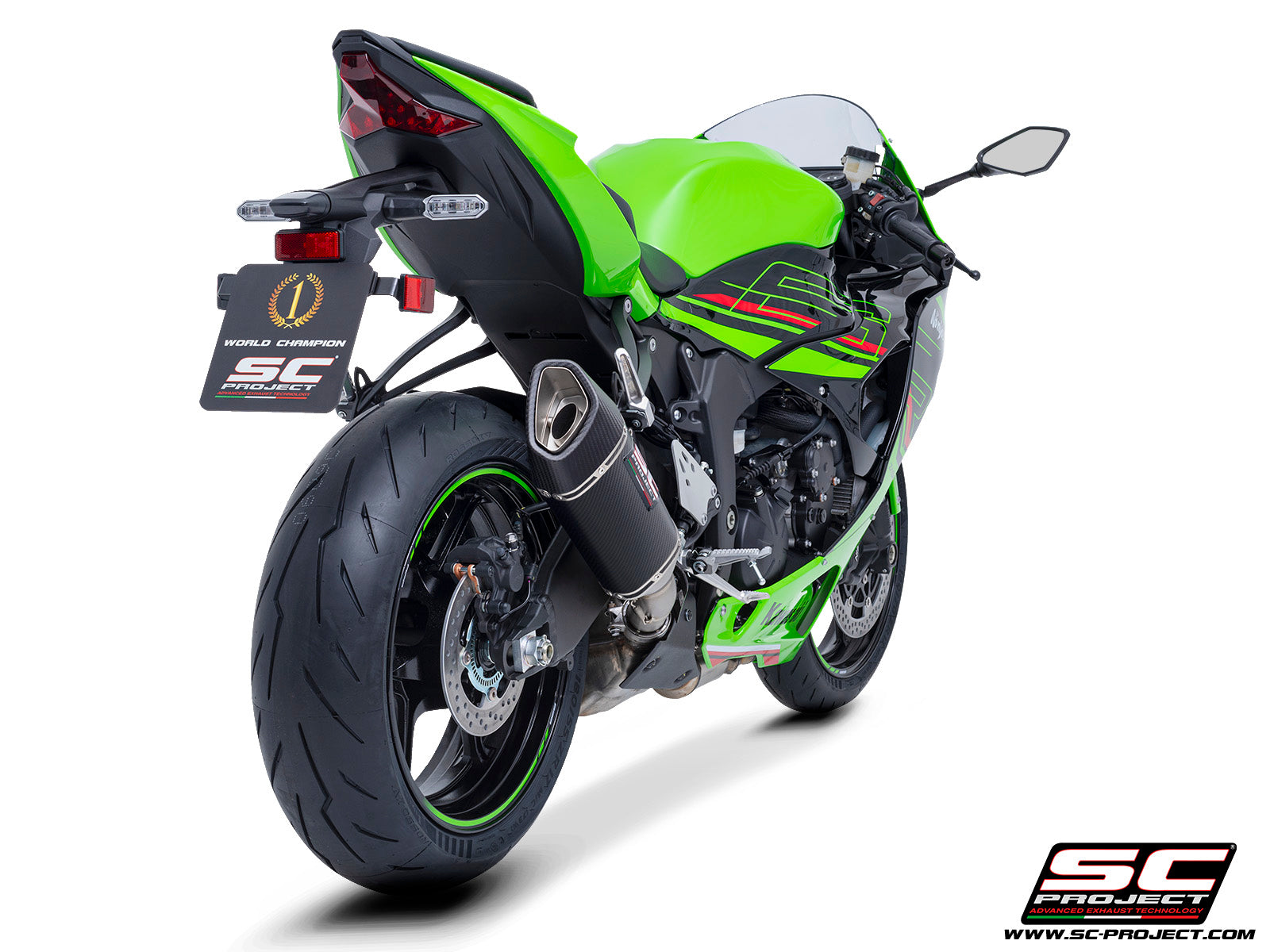 Kawasaki ZX-6R 2024 with SC-Project SC1-R carbon exhaust, 3/4 rear view