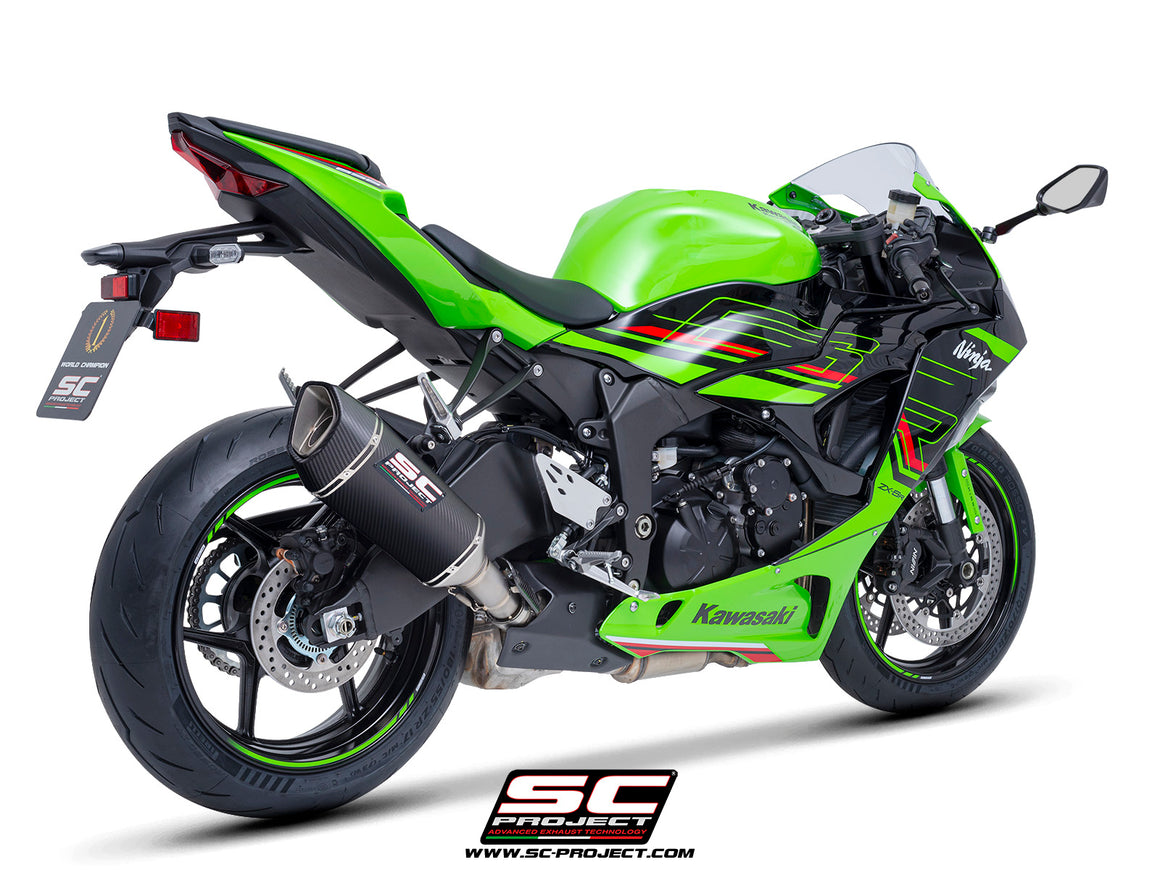 Kawasaki ZX-6R 2024 with SC-Project SC1-R carbon exhaust, 3/4 rear view