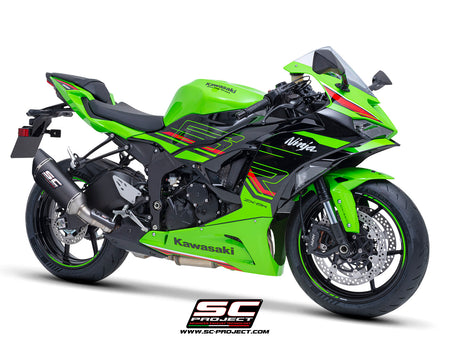 Kawasaki ZX-6R 2024 with SC-Project SC1-R carbon exhaust, 3/4 rear view