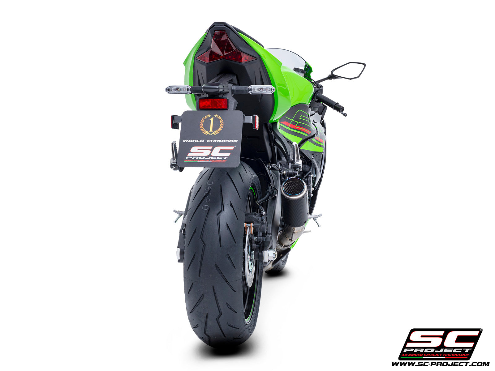 Kawasaki ZX-6R 2024 with SC-Project CR-T carbon exhaust, 3/4 rear view