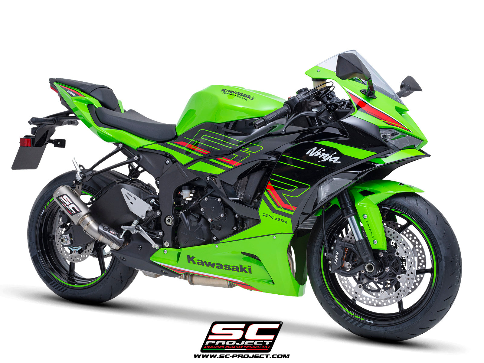 Kawasaki ZX-6R 2024 with SC-Project CR-T titanium exhaust, 3/4 rear view