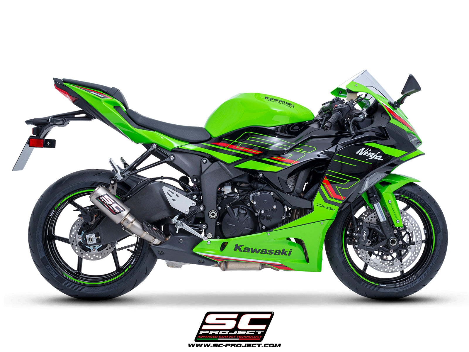 Kawasaki ZX-6R 2024 with SC-Project CR-T titanium exhaust, 3/4 rear view