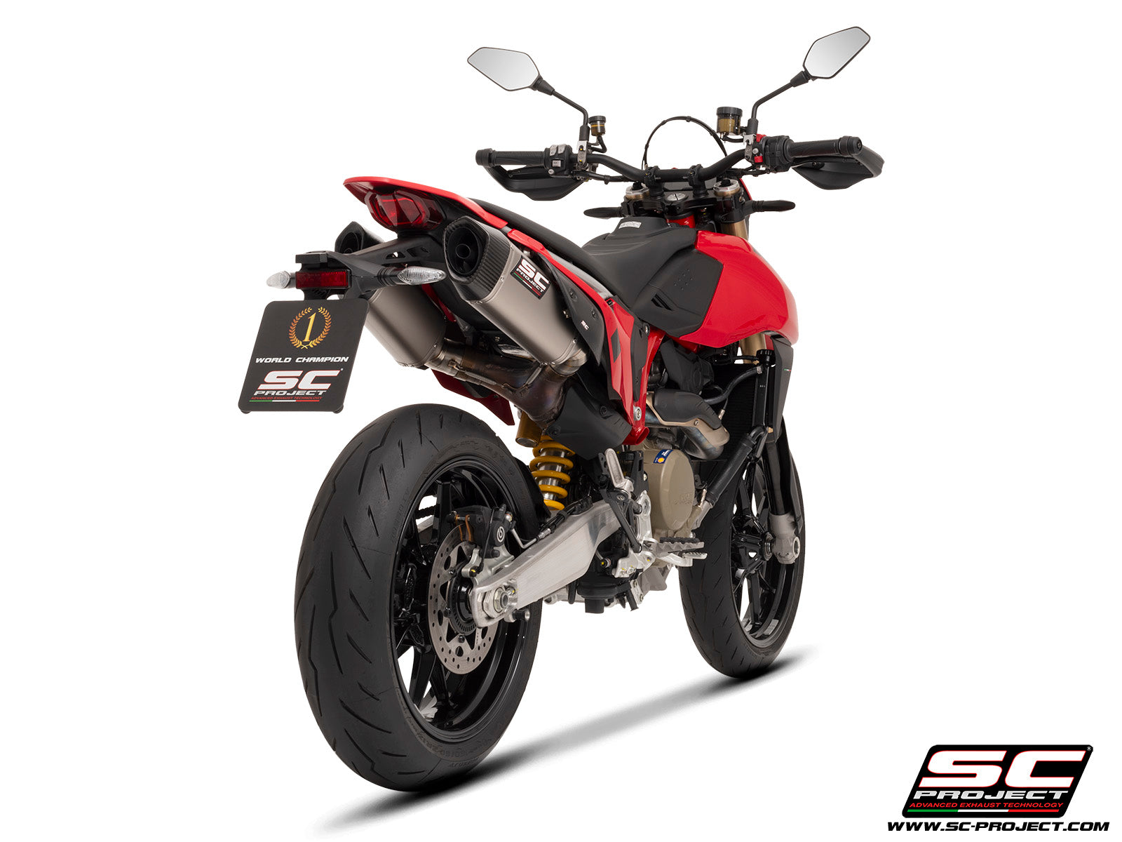 Ducati Hypermotard 698 MONO (2024) with SC-Project SC1-S titanium exhaust, 3/4 rear view