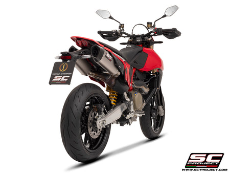Ducati Hypermotard 698 MONO (2024) with SC-Project SC1-S titanium exhaust, 3/4 rear view