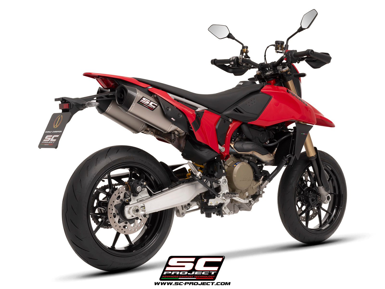 Ducati Hypermotard 698 MONO (2024) with SC-Project SC1-S titanium exhaust, 3/4 rear view