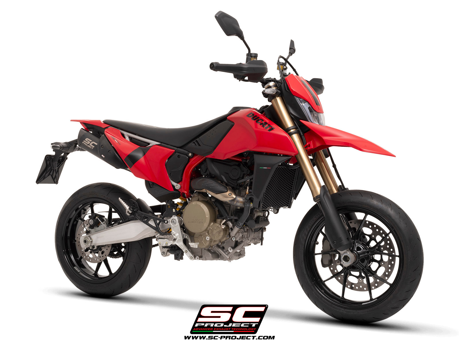 Ducati Hypermotard 698 MONO (2024) with SC-Project SC1-S titanium matt black exhaust, 3/4 rear view