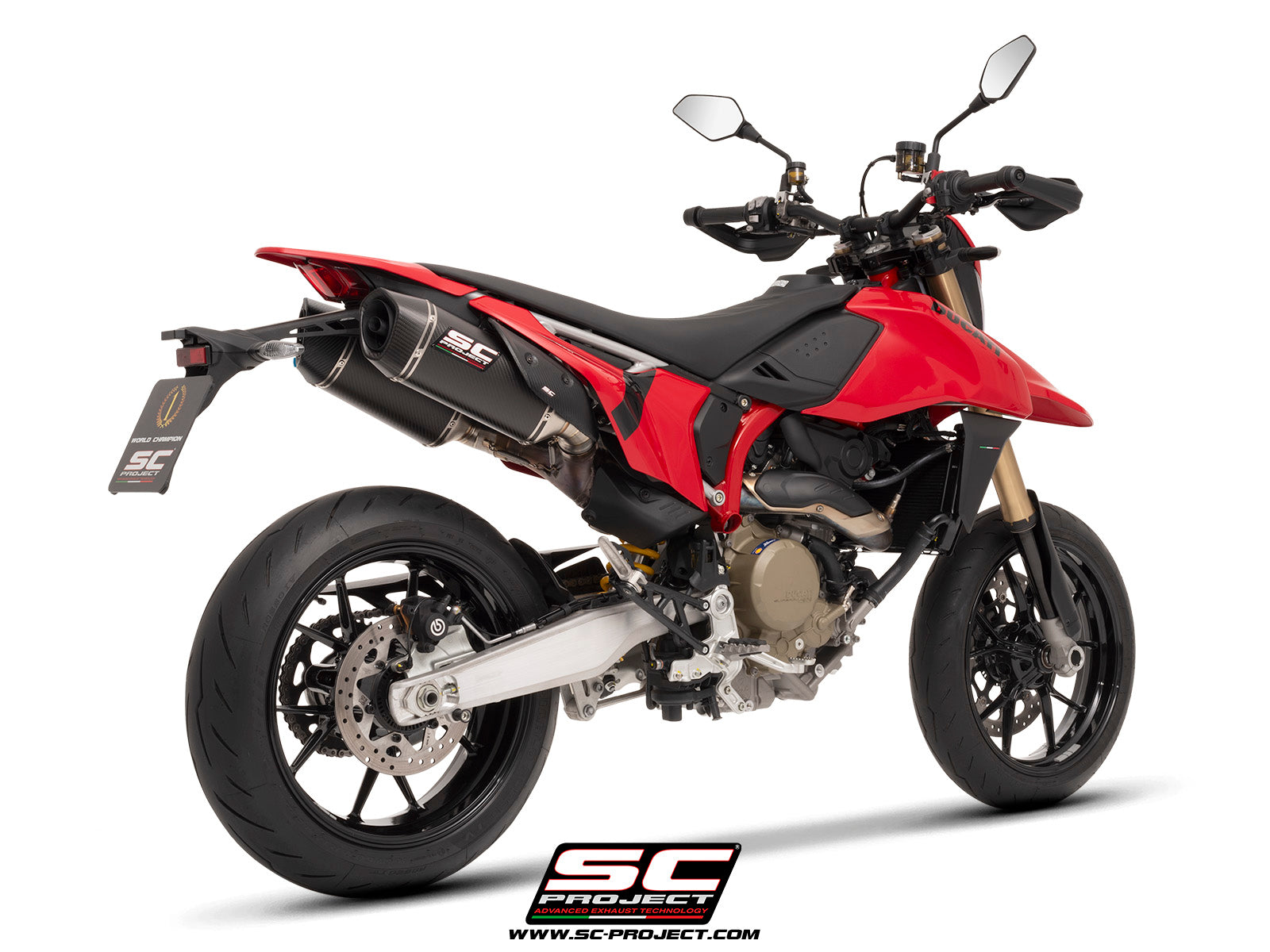 Ducati Hypermotard 698 MONO (2024) with SC-Project SC1-S carbon exhaust, 3/4 rear view