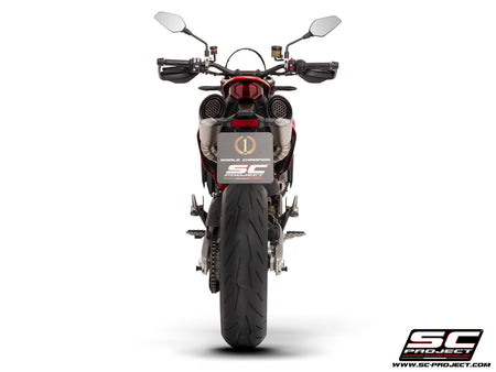 Ducati Hypermotard 698 MONO (2024) with SC-Project S1 titanium exhaust, with stoneguard grid, 3/4 rear view
