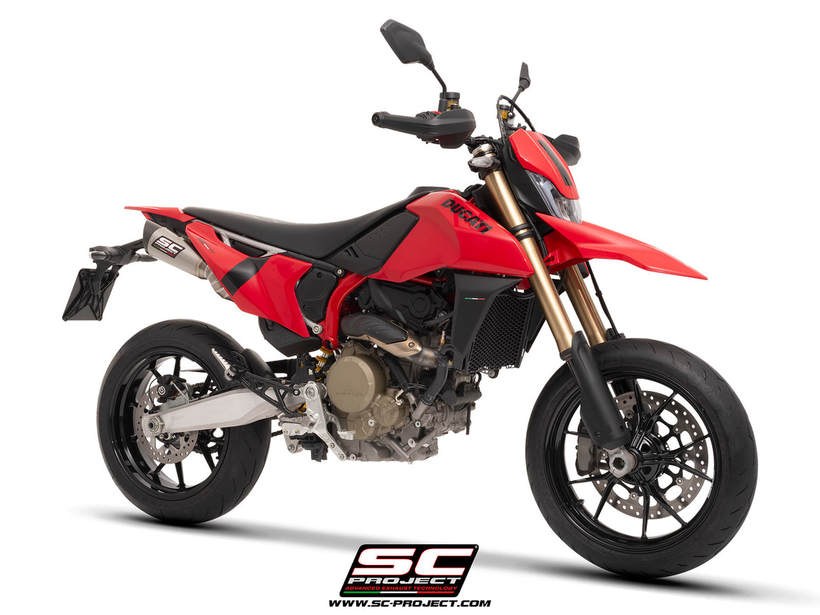 Ducati Hypermotard 698 MONO (2024) with SC-Project S1 titanium exhaust, with stoneguard grid, 3/4 rear view