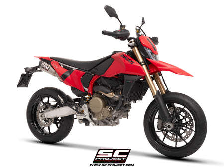 Ducati Hypermotard 698 MONO (2024) with SC-Project S1 titanium exhaust, with stoneguard grid, 3/4 rear view