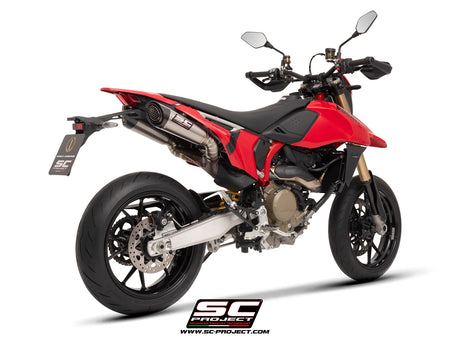 Ducati Hypermotard 698 MONO (2024) with SC-Project S1 titanium exhaust, with stoneguard grid, 3/4 rear view