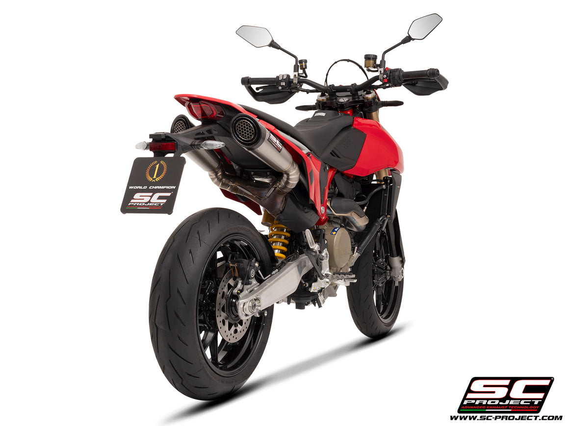 Ducati Hypermotard 698 MONO (2024) with SC-Project S1 titanium exhaust, with stoneguard grid, 3/4 rear view