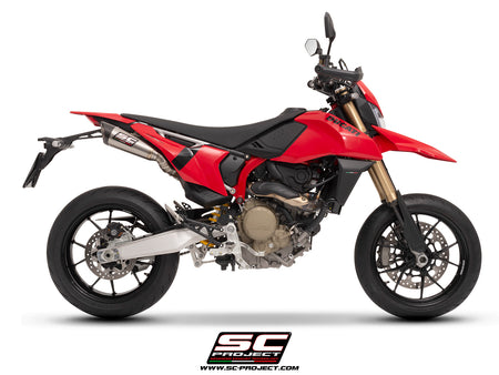 Ducati Hypermotard 698 MONO (2024) with SC-Project S1 titanium exhaust, with stoneguard grid, 3/4 rear view