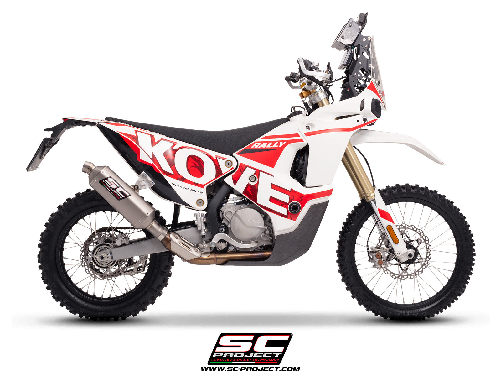 Kove 450 Rally with SC-Project Rally Raid titanium exhaust, 3/4 rear view