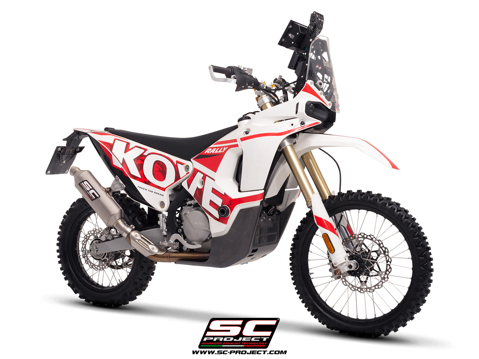 Kove 450 Rally with SC-Project Rally Raid titanium exhaust, 3/4 rear view