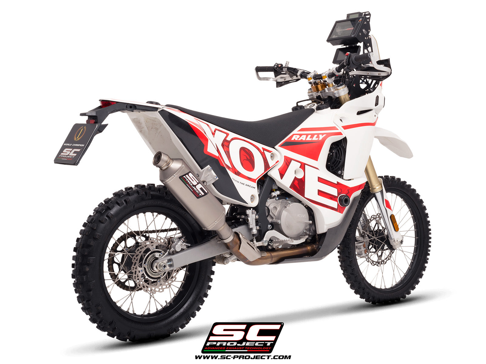 Kove 450 Rally with SC-Project Rally Raid titanium exhaust, 3/4 rear view