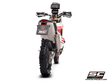 Kove 450 Rally with SC-Project Rally Raid titanium exhaust, 3/4 rear view