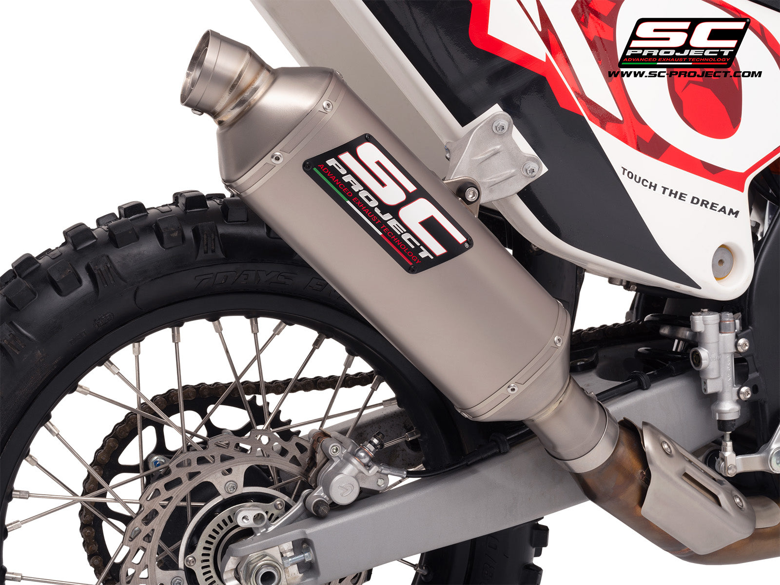 Kove 450 Rally with SC-Project Rally Raid titanium exhaust, 3/4 rear view