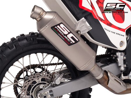 Kove 450 Rally with SC-Project Rally Raid titanium exhaust, 3/4 rear view