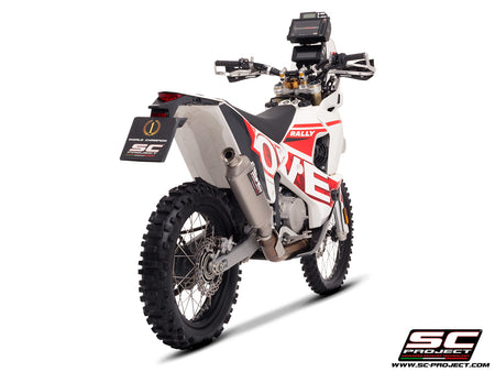 Kove 450 Rally with SC-Project Rally Raid titanium exhaust, 3/4 rear view
