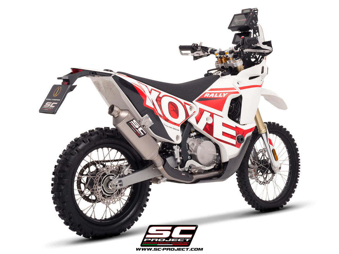 Kove 450 Rally with SC-Project decat titanium exhaust, 3/4 rear view