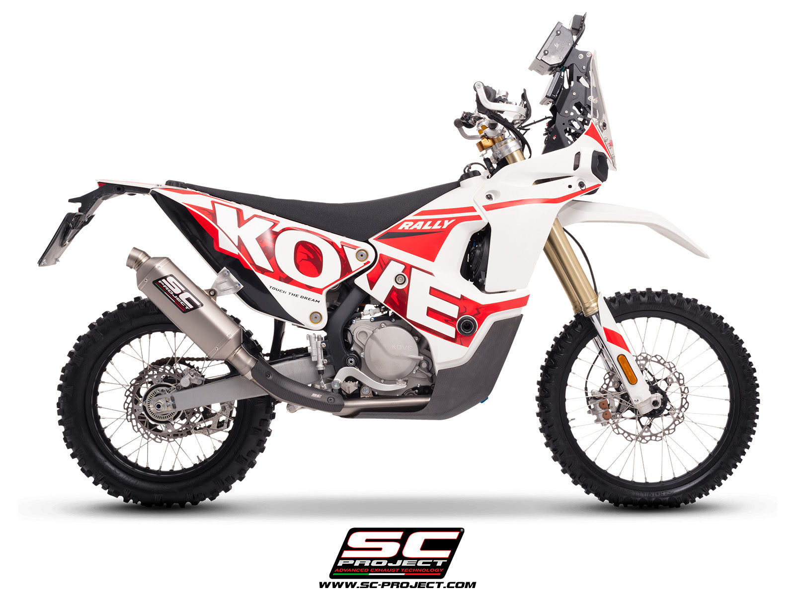 Kove 450 Rally with SC-Project decat titanium exhaust, 3/4 rear view