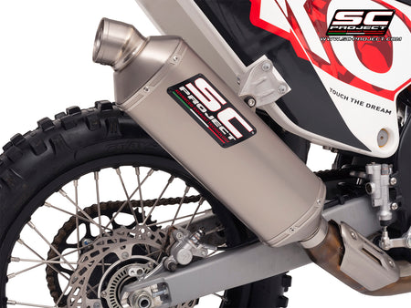 Kove 450 Rally with SC-Project Rally-X GT titanium exhaust, 3/4 rear view
